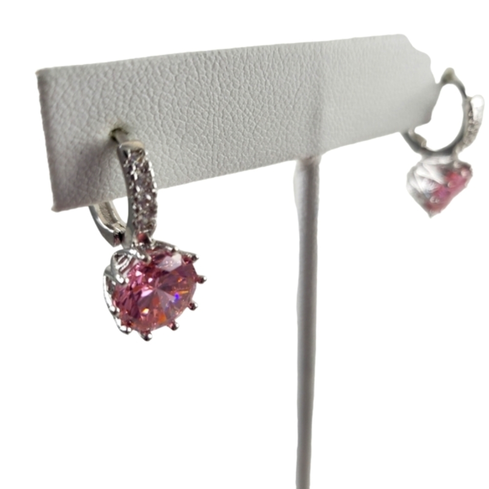 Sterling Silver Pink Dangle Earrings Lever back CZ earrings prong set filigree - Picture 2 of 5